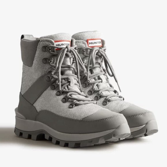Hunter Shoes - HUNTER Glitter Sparkle Insulated Commando Winter Lace Up Boots 9 Grey Silver